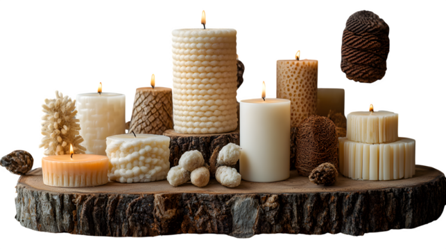 Group of natural candles with mixed textures on rustic wooden slab