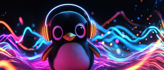 Fototapeta premium Cute penguin with headphones enjoying vibrant music waves