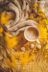 Cozy scene with a cup of coffee, beige blanket, yellow flowers, and cookies on a yellow checkered fabric, creating a warm spring mood