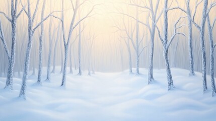 Snowy path through a hazy, winter woodland.