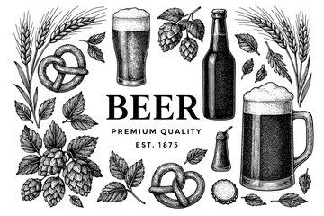 Crafting the essence of beer with rich ingredients and traditional brews in a vintage design celebrating quality and flavor