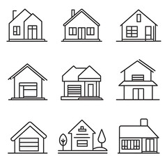 Minimalistic vector icon set of houses, web monoline icon style, one-line design, white background, black and gray thin lines.