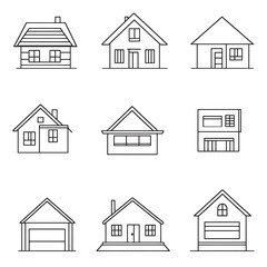 Minimalistic vector icon set of houses, web monoline icon style, one-line design, white background, black and gray thin lines.