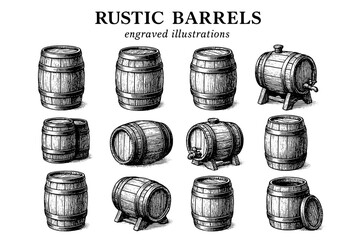 Rustic wooden barrels depicted with intricate engravings in a vintage style, showcasing craftsmanship and antique charm