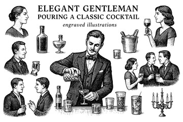Elegant gentleman creating timeless cocktails at a classic gathering with sophisticated guests and vintage charm