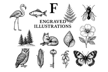 Fototapeta premium Intricate engravings showcasing nature's beauty with diverse flora and fauna in a vintage art style