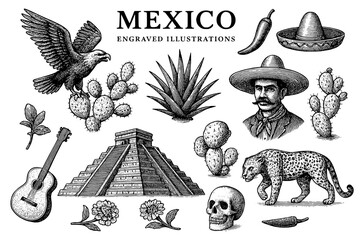Exploring the rich culture and history of Mexico through detailed engravings and iconic symbols