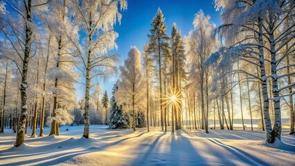 Winter wonderland Sunlit snow-covered trees casting long shadows on a pristine snow landscape, a breathtaking scene of nature's beauty in the frosty season.