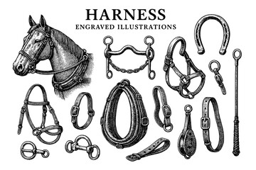 Exploring intricate details of harness design and craftsmanship in vintage engravings depicting equestrian gear and tools