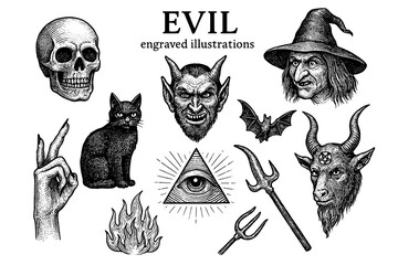 Exploring the dark allure of engraved illustrations depicting themes of evil and the supernatural in a haunting style