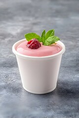 Pink raspberry yogurt in a cup, garnished with mint