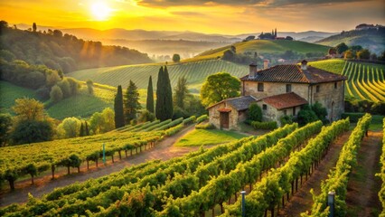 Obraz premium Golden hour sunlight bathes a picturesque vineyard estate, showcasing rolling hills and a charming stone farmhouse at sunrise.