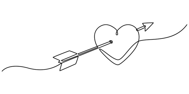 Heart with an arrow through it in one line drawing. Representing romantic affection, Heart pierced by an arrow in continuous one line drawing. Symbolizing love and passion, Heart with an arrow. Vector