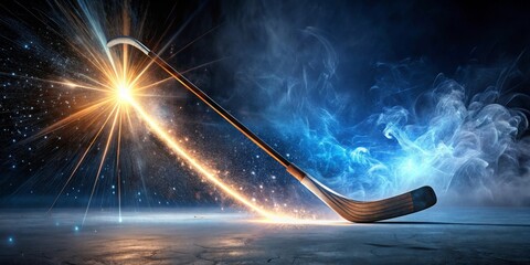 A hockey stick emitting a radiant, fiery trail across a dark, smoky arena floor