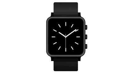 A digital watch with a black band and a square face isolated on transparent background	