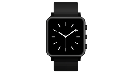 A digital watch with a black band and a square face isolated on transparent background	