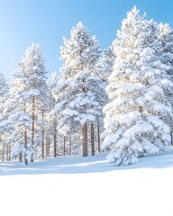 Snow-covered pine trees in a winter forest under a bright blue sky