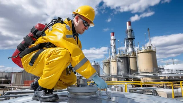Industrial Inspection: A skilled professional meticulously inspects equipment at a sprawling industrial complex, demonstrating safety and diligence in his work under a brilliant blue sky.