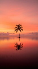 Obraz premium Palm tree silhouette, sunset reflection, tranquil water.
