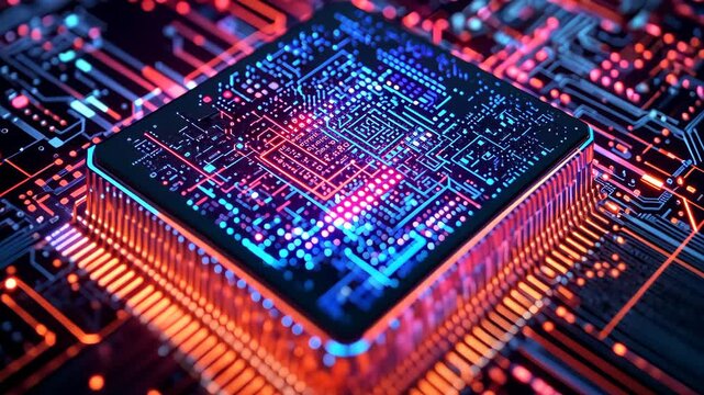 Animated AI chipset with glowing futuristic circuit and digital neon particles.