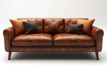 Leather Sofa with Brown and Black Cushions Isolated on White Background, Studio Shot