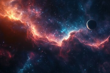 Obraz premium Vibrant Nebula With a Distant Planet