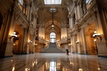 Naklejka premium Elegant Interior of Historic Building with Grand Staircase and Lighting
