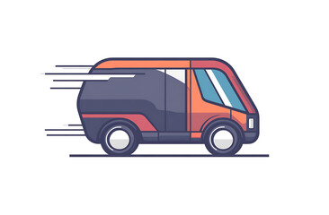 Minimalist line art icon of the side profile, a vector illustration of an octagonal delivery truck with a curved roof, with two lines that form a motion blur effect behind it, on a white background.