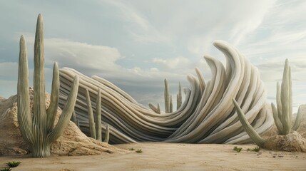 Abstract desert sculpture, cacti, sandy landscape.