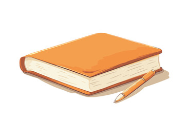 Single orange book with pen on white background