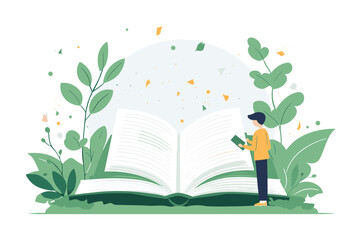 Boy reading giant book in green garden illustration