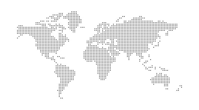 Dotted world map. Black vector illustration. World map vector, isolated on white background. Suitable for web site pattern, anual report, inphographics. Globe similar worldmap icon. Travel worldwide