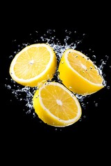 Three lemon halves splashing in water against a black background