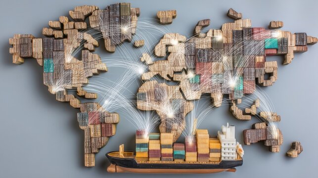 A wooden model of the world depicting cross-border trade concepts and import-export flow between nations