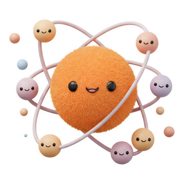 Cute cartoon atom character surrounded by electrons