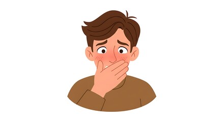 Worried Cartoon Man Covering His Mouth Expressing Discomfort or Embarrassment
