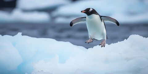 Group of penguins in snow Arctic environment. World penguin day