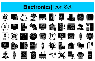 Electronics icons set. Set of laptop, smart watch, fitness bracelet, smartphone, tablet, monitor, tv box, camera, dvr, game console, gps navigator, video projector, adsl modem icons