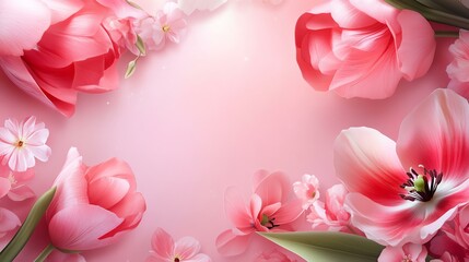 Fototapeta premium Beautiful arrangement of pink tulips and blossoms on a soft pink background.