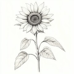 Detailed pencil sketch of a sunflower with layered petals and symmetrical leaves on a clean white background