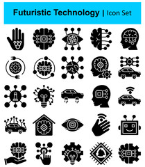 Future Technology icon set. Containing robot, artificial intelligence, innovation, smart city, robotics, humanoid, hologram, digital world, high-tech and automation. Solid vector icons collection.