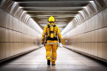 Firefighter Walking Through Modern Tunnel in Yellow Protective Gear