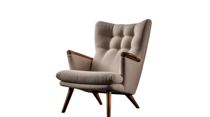 A beige upholstered armchair with wooden armrests  isolated on transparent background	