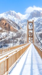 Snowy mountain pass suspension bridge