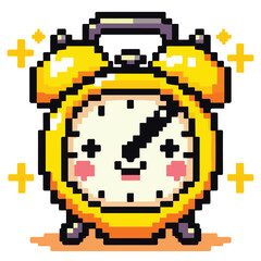 Cute Retro Yellow Alarm Clock with Face in Pixel Art Style