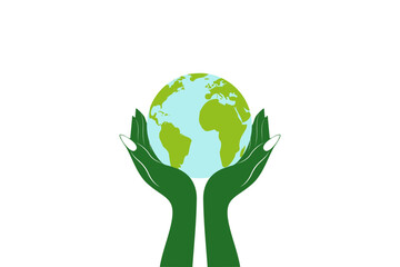 World Earth Day Concept. Illustration of Hands Embracing a Globe. Protect your planet, Green Energy, ESG, Renewable and Sustainable Resources, Environmental Care. Vector isolated on white background
