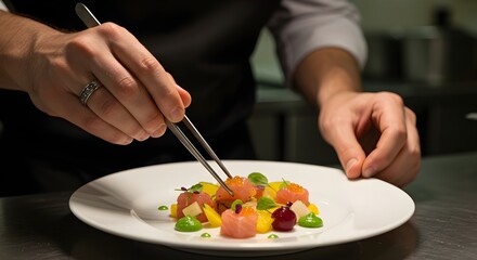 Chef's Hands Garnishing a Plate with Culinary Tweezers
