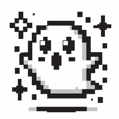 Cute Pixel Art Ghost with Stars - Retro Gaming Style Illustration