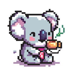 Obraz premium Cute Koala Drinking Coffee Pixel Art Illustration