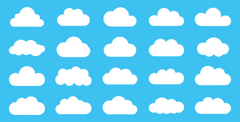 Set Of White Clouds On A Light Blue Background Different Shapes And Styles Weather And Sky Theme Isolated
